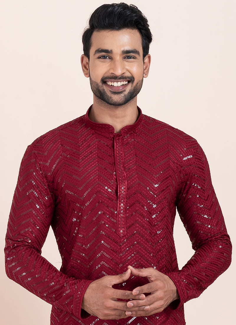 Viscose Rayon Maroon Eid Wear Sequins Work Readymade Kurta Pajama