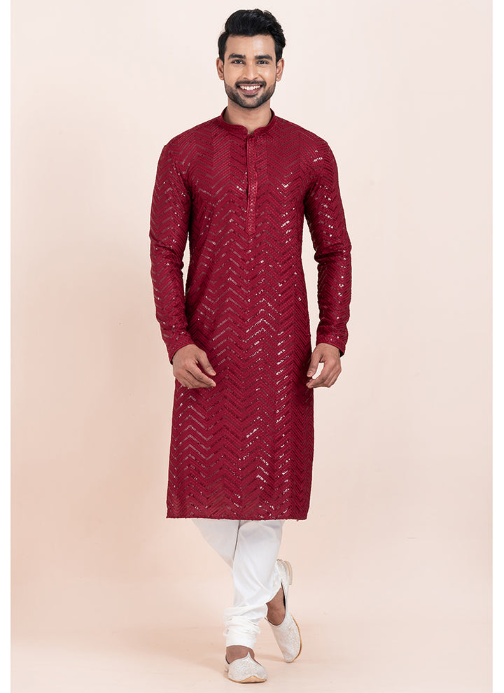 Viscose Rayon Maroon Eid Wear Sequins Work Readymade Kurta Pajama