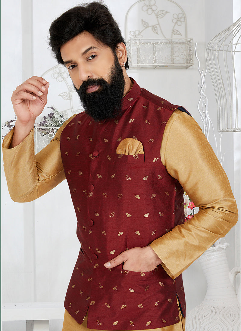 Banarasi Dhupion Maroon Wedding Wear Banarasi Work Modi Jacket Kurta Pajama