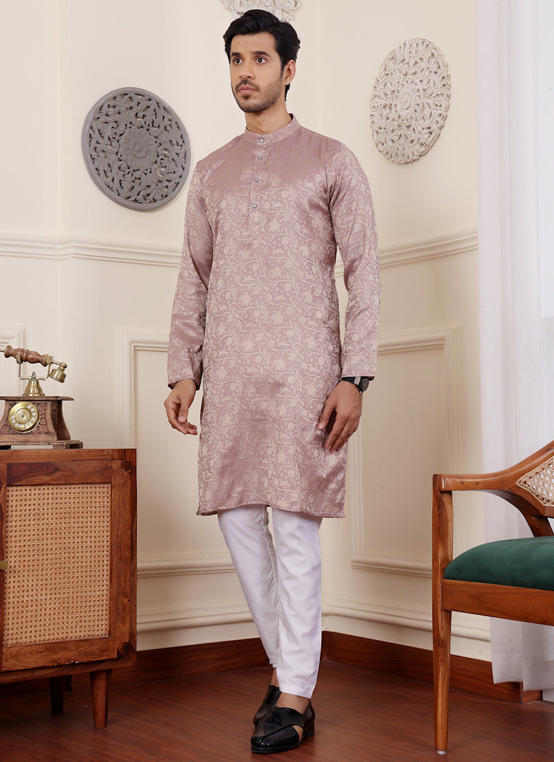 Modal Silk Mauve Traditional Wear Embroidery Work Readymade Kurta Pajama
