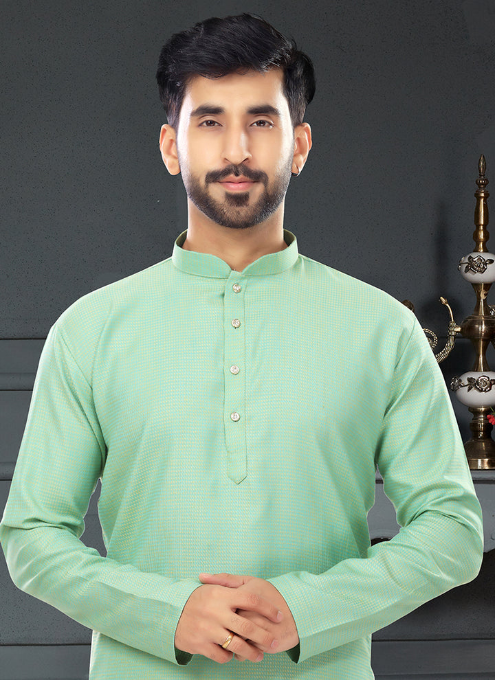 Mint Cotton Traditional Wear Jacquard Kurta Pajama