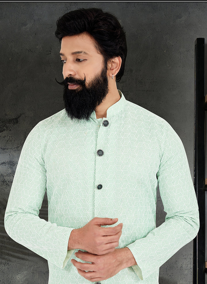 Mint Green Silk Festival Wear Embroidery Work Kurta Pajama