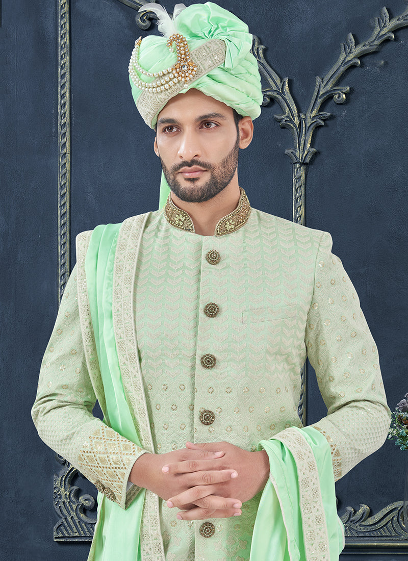 Silk Mint Green Groom Wear Hand Work Readymade Sherwani With Turban