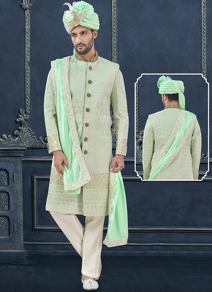 Silk Mint Green Groom Wear Hand Work Readymade Sherwani With Turban