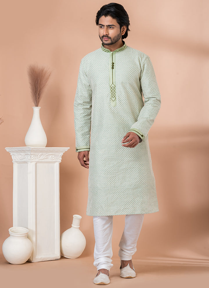 Silk Mint Green Traditional Wear Weaving Kurta Pajama
