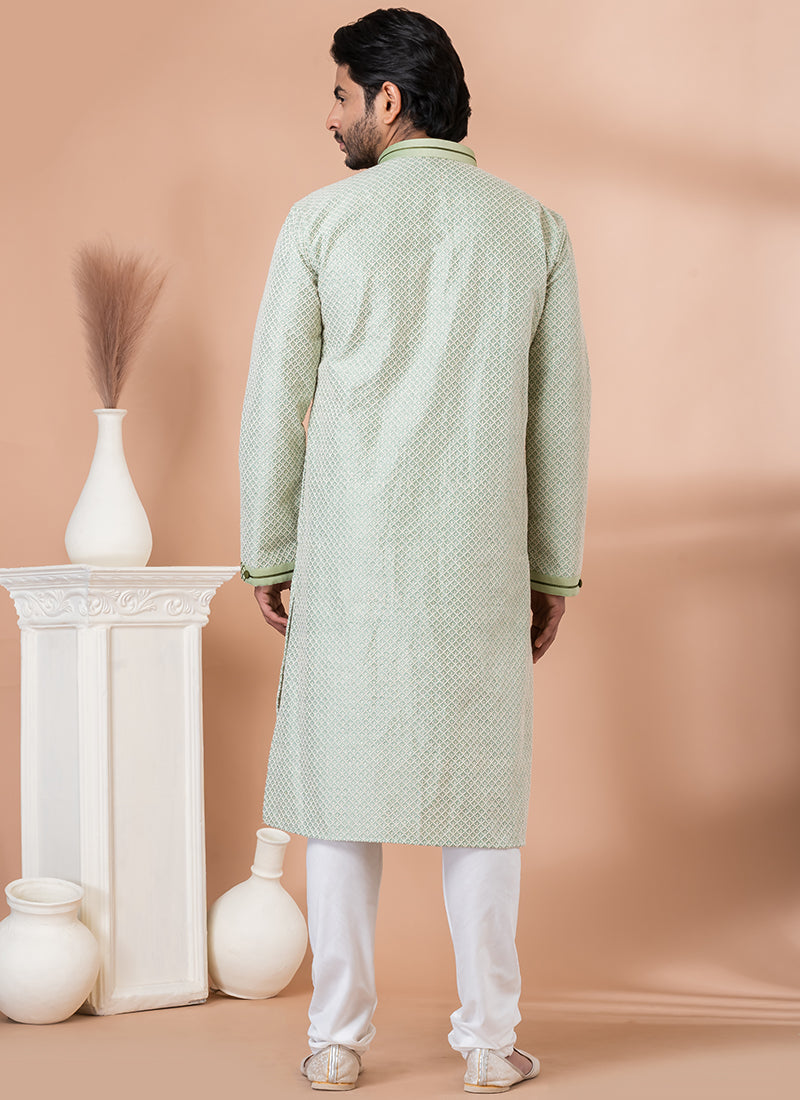 Silk Mint Green Traditional Wear Weaving Kurta Pajama
