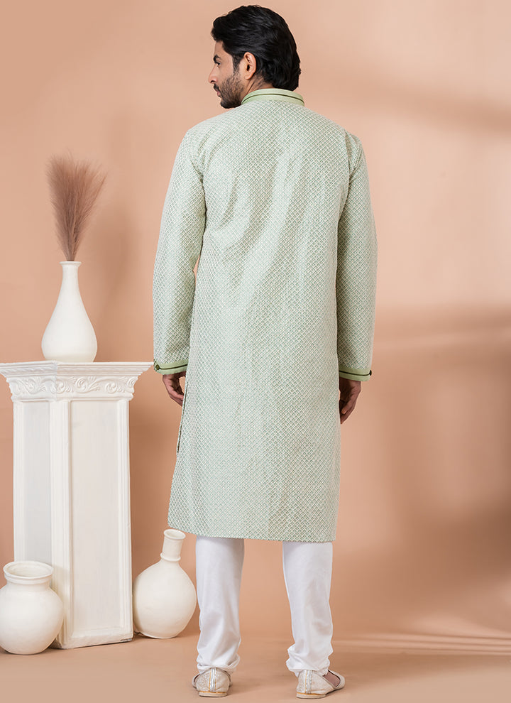 Silk Mint Green Traditional Wear Weaving Kurta Pajama