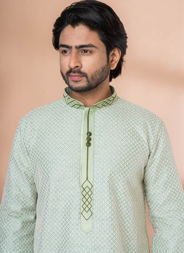 Silk Mint Green Traditional Wear Weaving Kurta Pajama