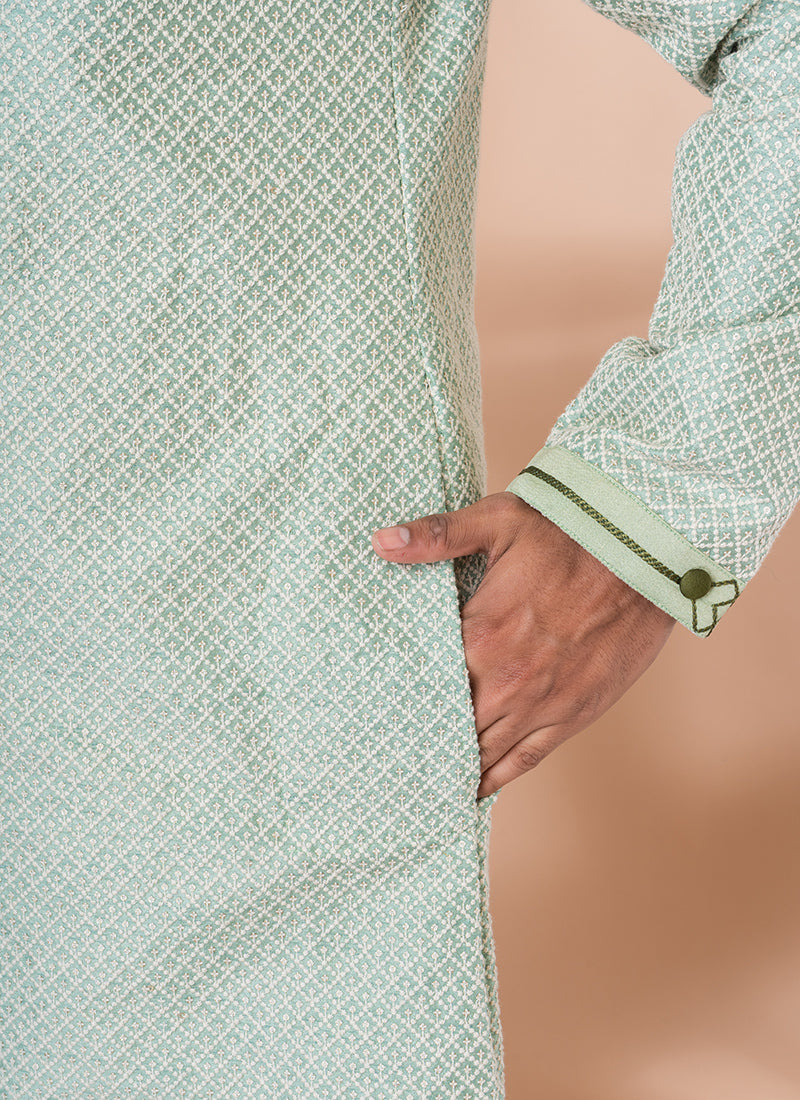Silk Mint Green Traditional Wear Weaving Kurta Pajama