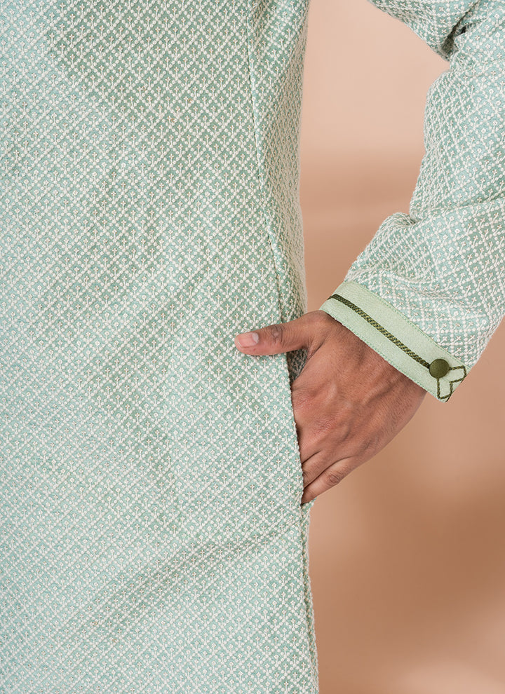 Silk Mint Green Traditional Wear Weaving Kurta Pajama