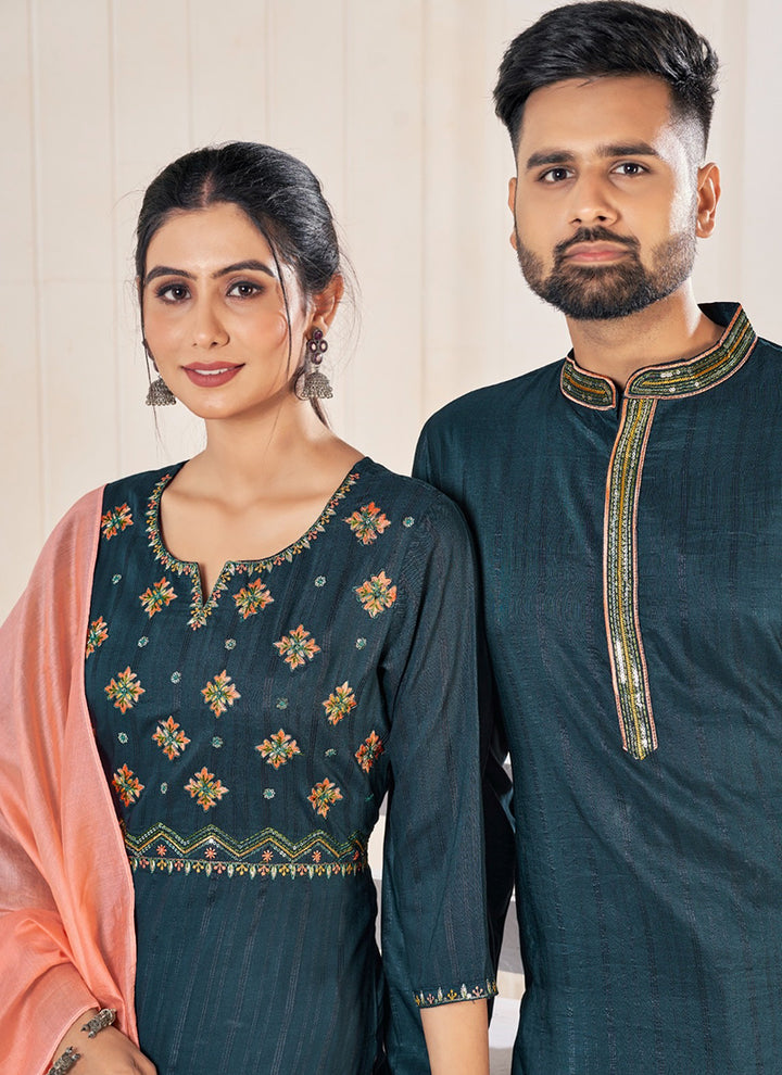 Pure Viscose Morpeach Festival Wear Embroidery Work Readymade Couple Combo Set