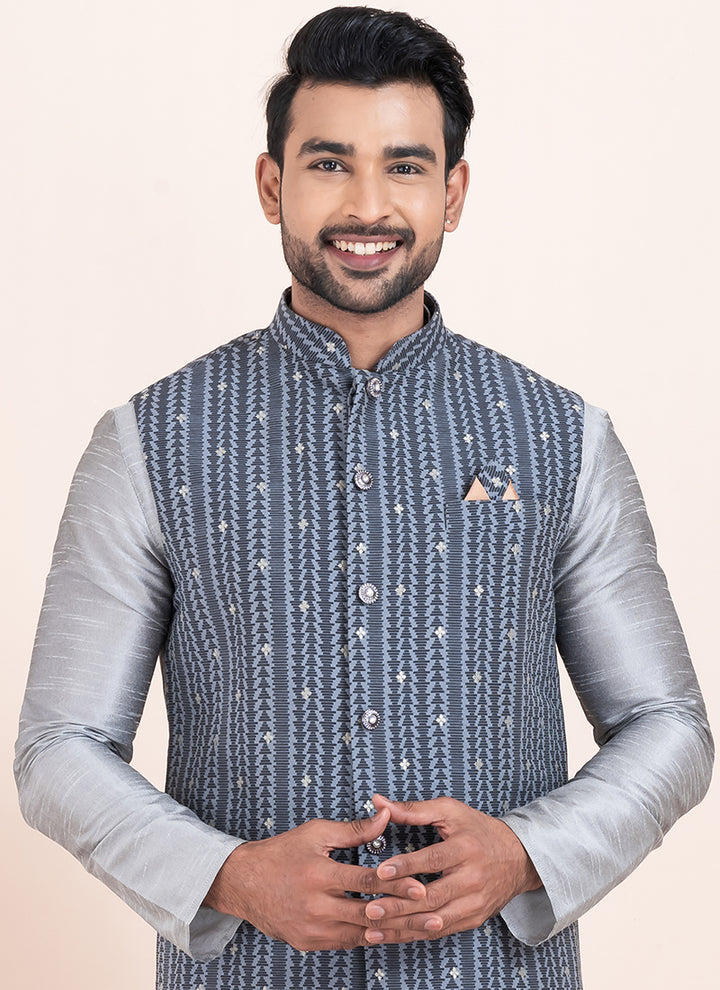 Banarasi Silk Multi Festival Wear Jacquard Work Readymade Modi Jacket Kurta Pajama