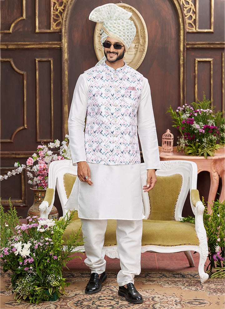 Banarasi Silk Multi Wedding Wear Digital Print Radymade Modi Jacket Kurta Pajama