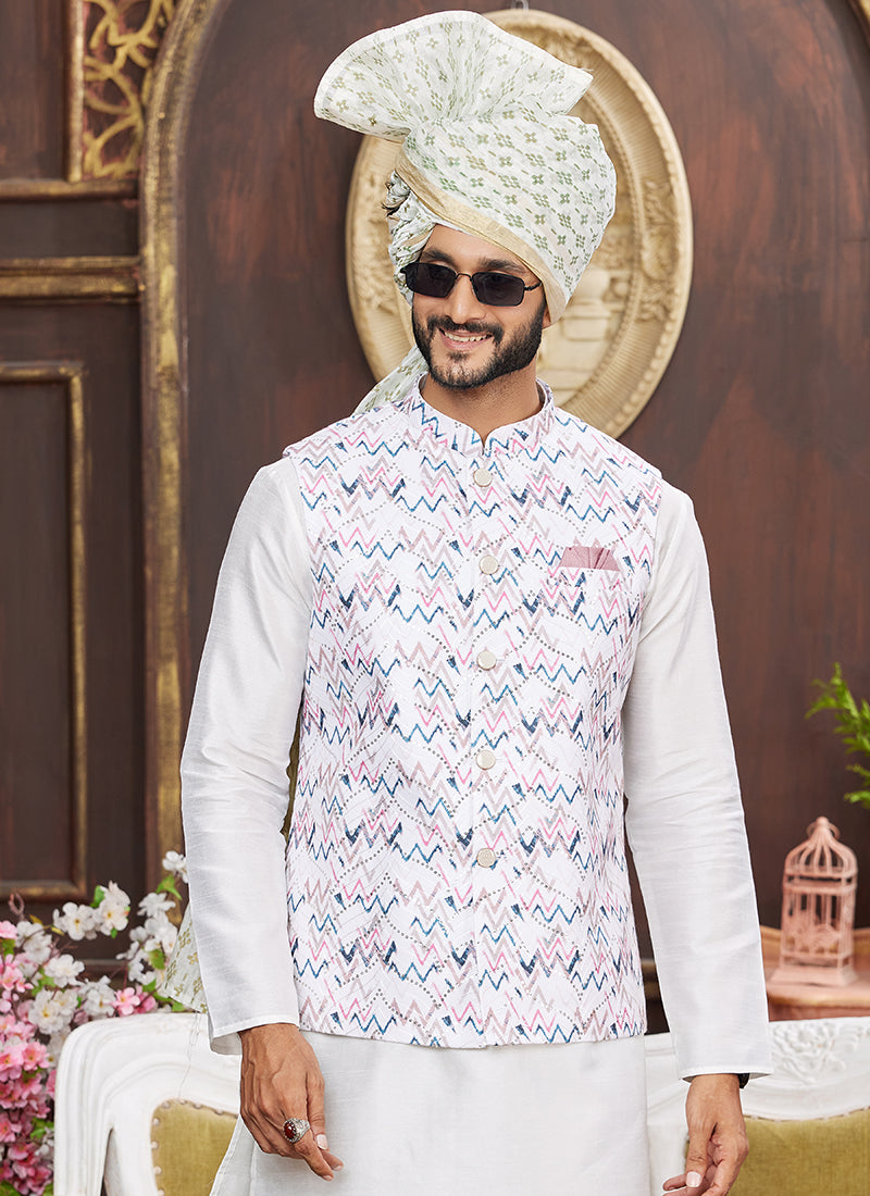 Banarasi Silk Multi Wedding Wear Digital Print Radymade Modi Jacket Kurta Pajama