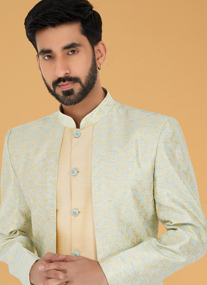 Multi Gold Jacquard Silk Banarasi Dhupion Wedding Wear Embroidery Work Mens Indo Western