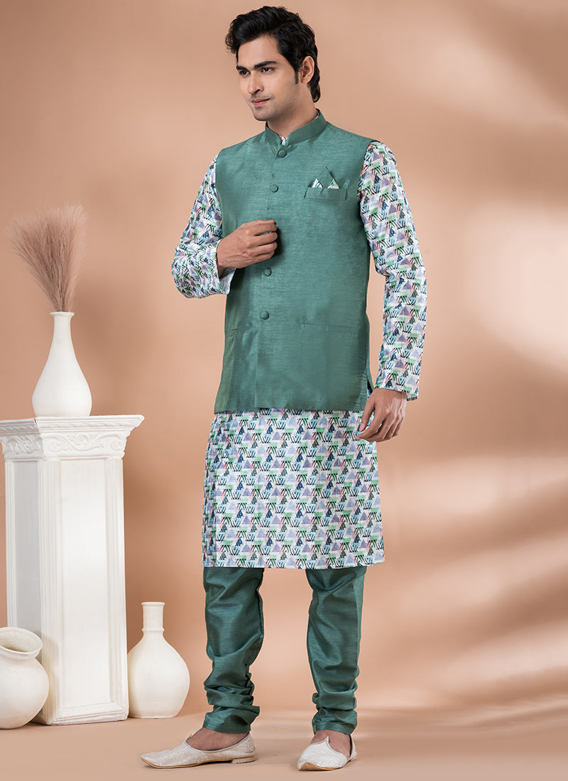 Silk Multi Wedding Wear Embroidery Work Readymade Modi Jacket Kurta Pajama