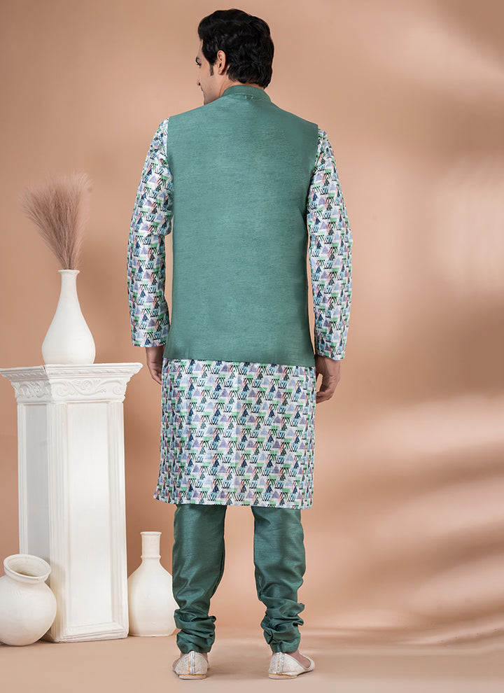 Silk Multi Wedding Wear Embroidery Work Readymade Modi Jacket Kurta Pajama