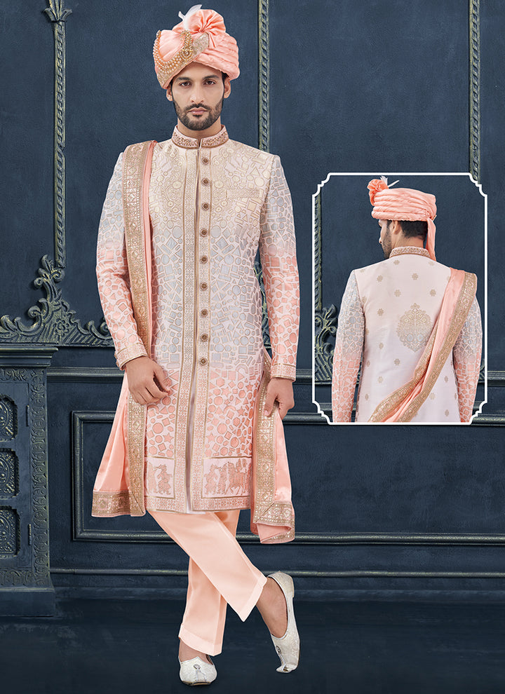 Silk Multi Color Groom Wear Hand Work Readymade Sherwani With Turban