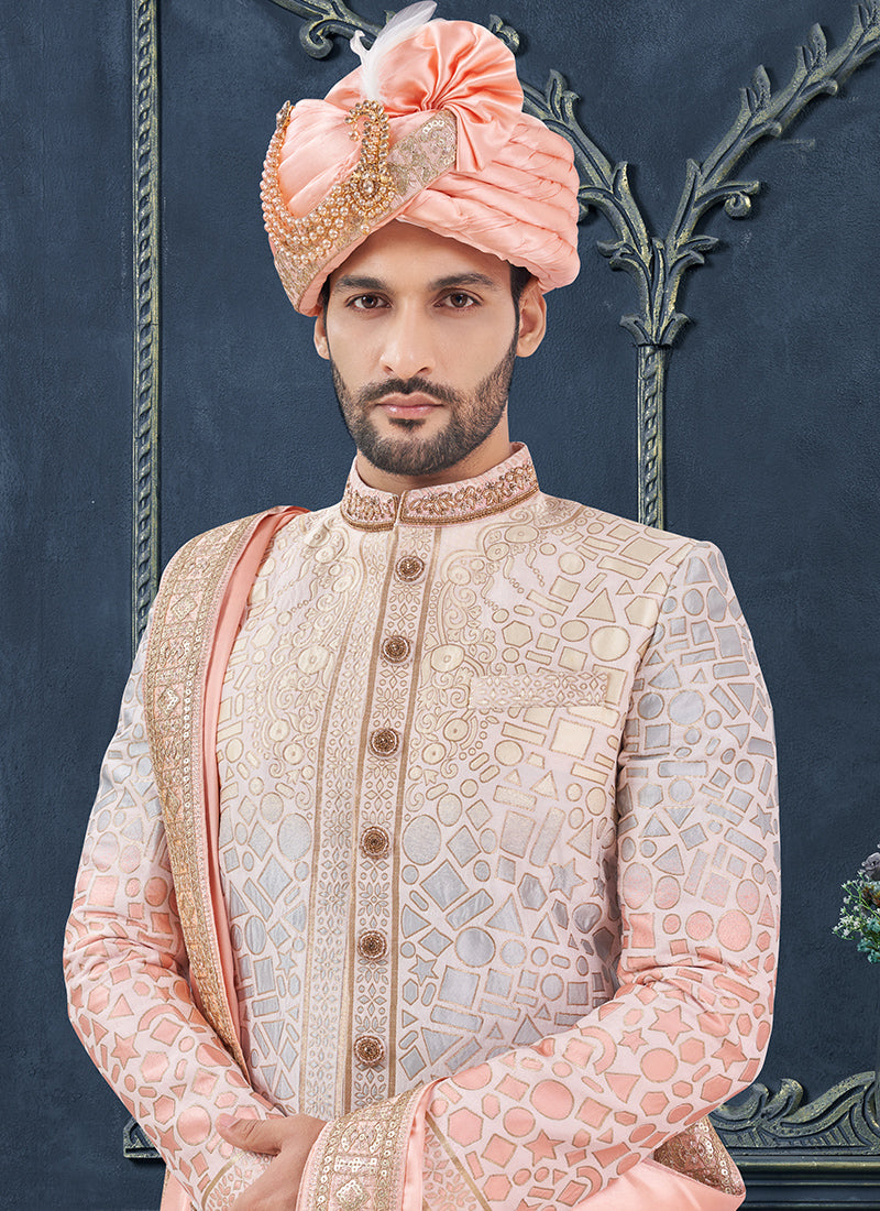 Silk Multi Color Groom Wear Hand Work Readymade Sherwani With Turban