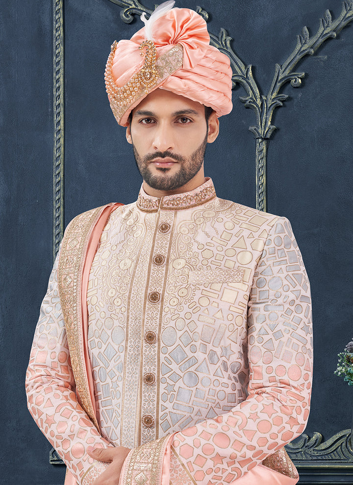 Silk Multi Color Groom Wear Hand Work Readymade Sherwani With Turban