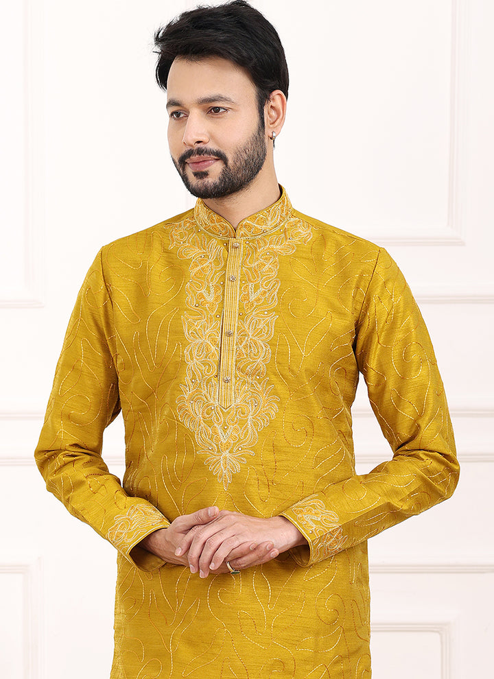 Mustard Art Banarasi Silk Festival Wear Thread Work Kurta Pajama