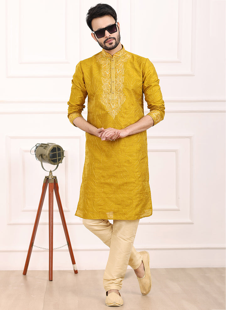 Mustard Art Banarasi Silk Festival Wear Thread Work Kurta Pajama