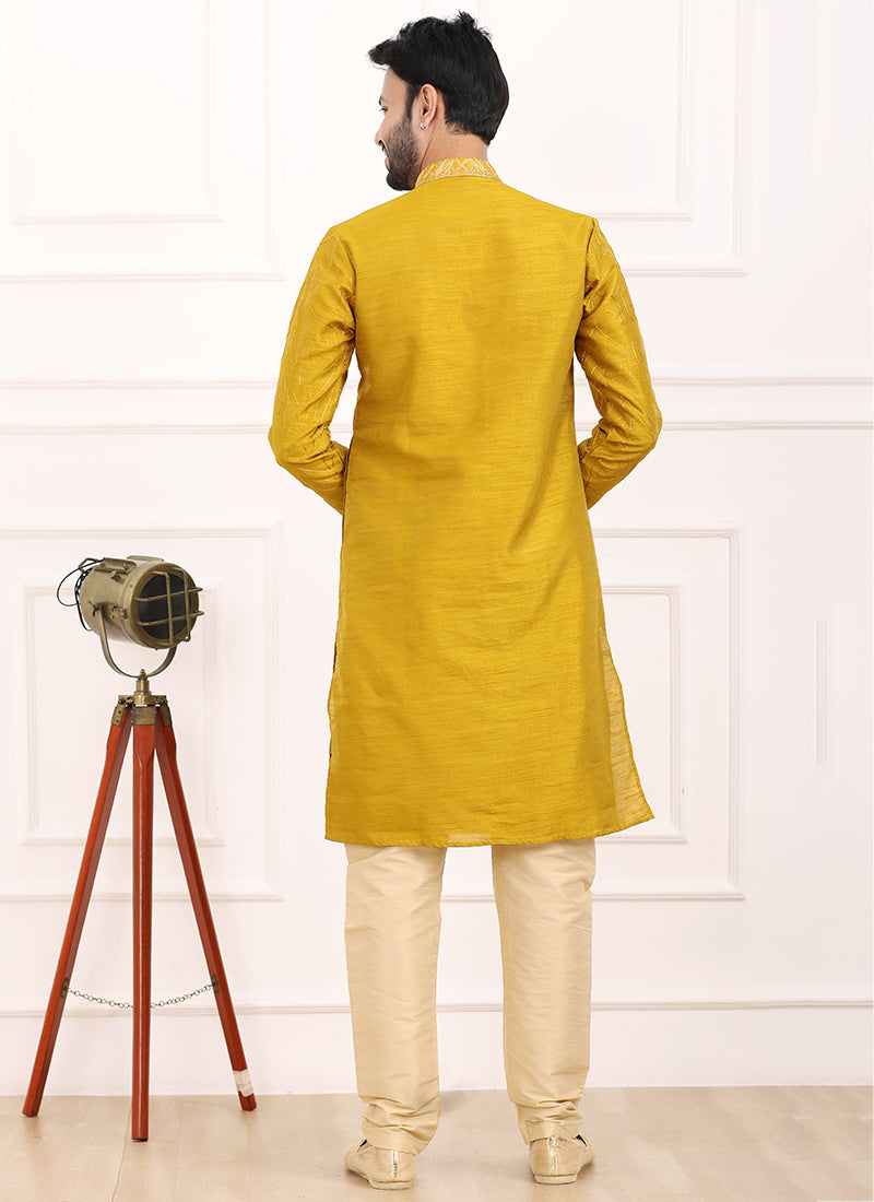 Mustard Art Banarasi Silk Festival Wear Thread Work Kurta Pajama
