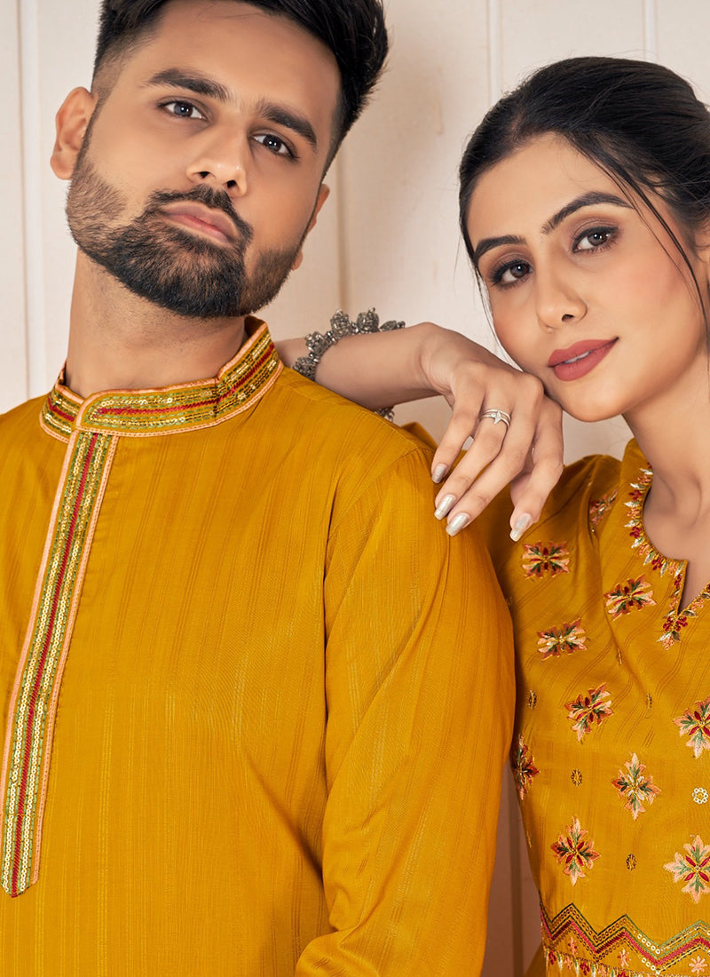 Pure Viscose Mustard Festival Wear Embroidery Work Readymade Couple Combo Set