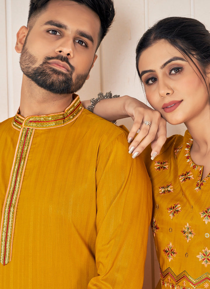 Pure Viscose Mustard Festival Wear Embroidery Work Readymade Couple Combo Set
