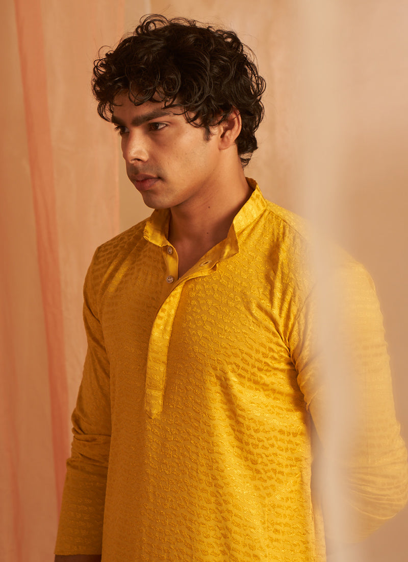 Viscose Mustard Eid Wear Chikankari Embroidery Readymade Kurta Pajama