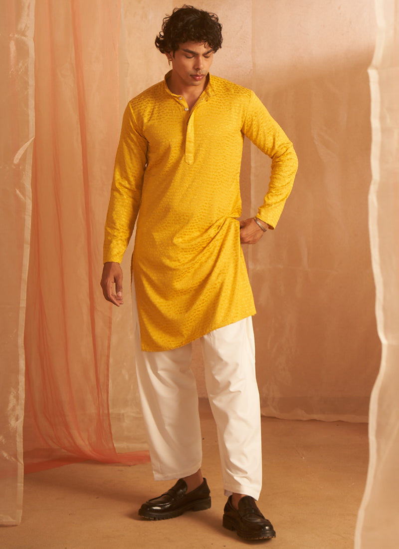 Viscose Mustard Eid Wear Chikankari Embroidery Readymade Kurta Pajama