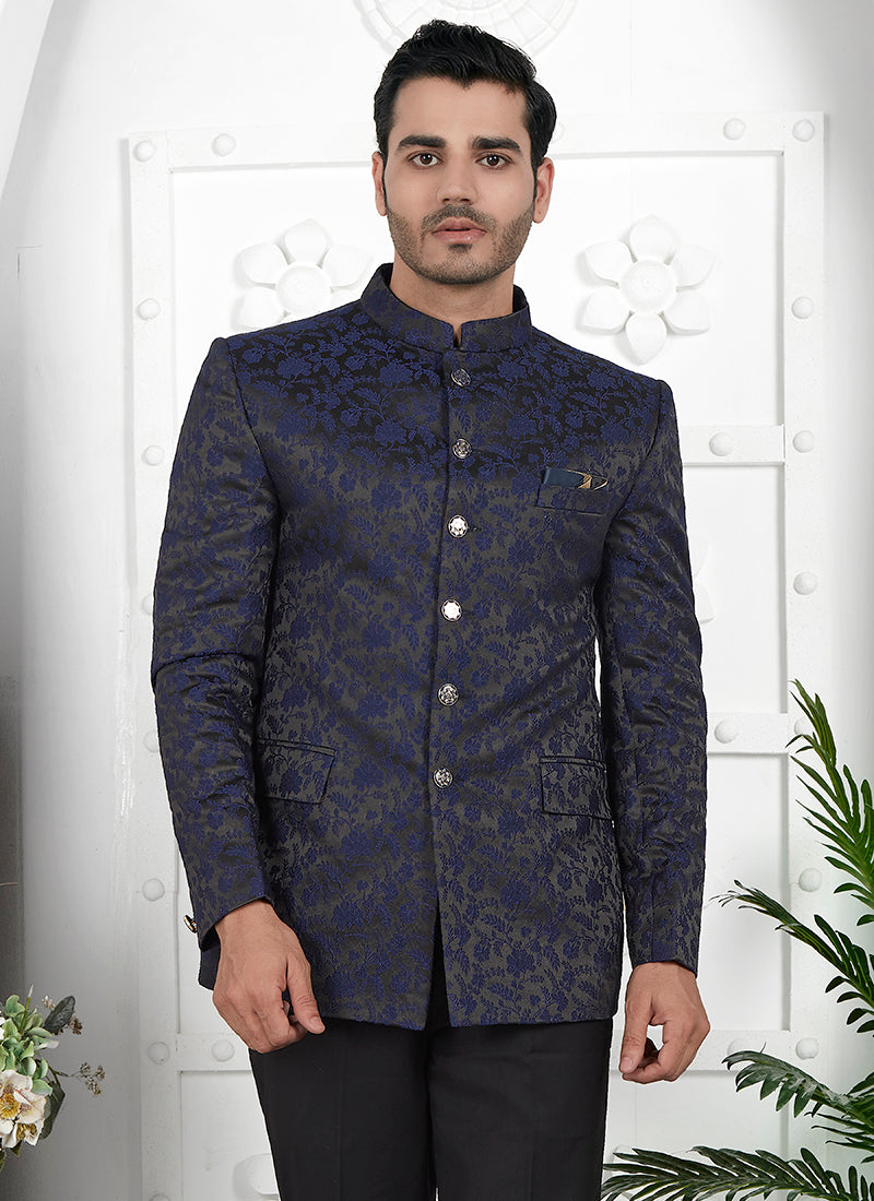 Navy Blue Imported Jaquard Silk Party Wear Pattern Pc Work Readymade Mens Jacket