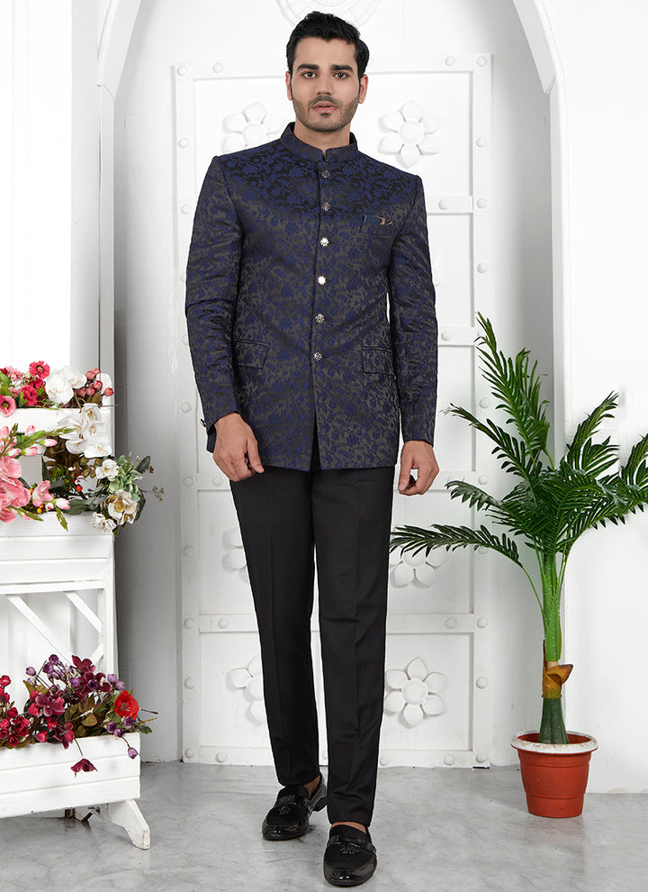 Navy Blue Imported Jaquard Silk Party Wear Pattern Pc Work Readymade Mens Jacket