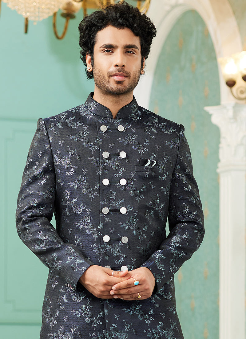 Navy Blue Jacquard Silk Wedding Wear Hand Work IndoWestern