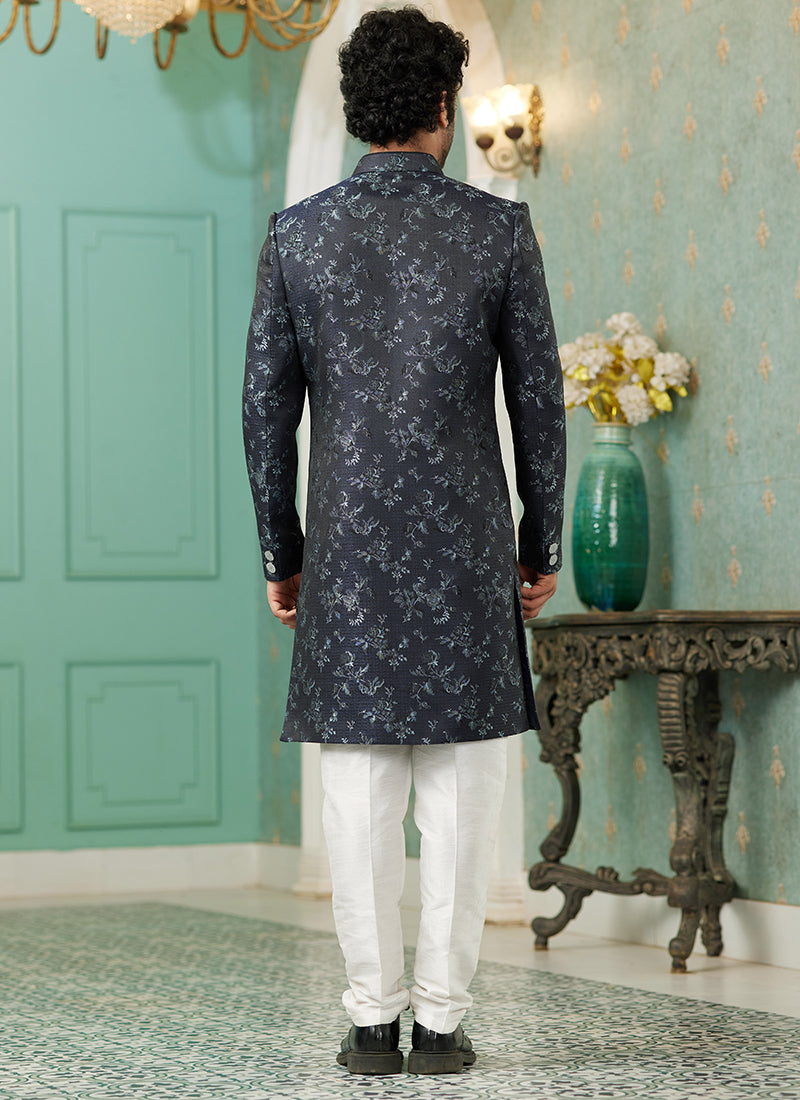 Navy Blue Jacquard Silk Wedding Wear Hand Work IndoWestern