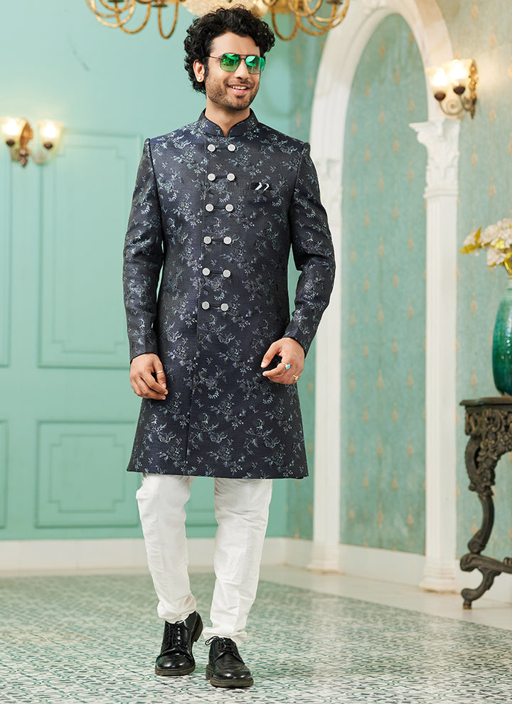 Navy Blue Jacquard Silk Wedding Wear Hand Work IndoWestern