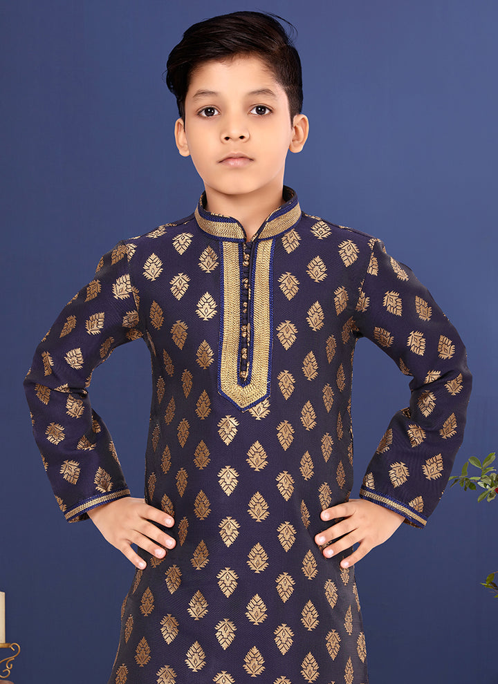 Jacquard Silk Navy Blue Wedding Wear Weaving Readymade Kurta Pajama
