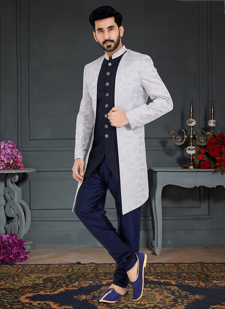 Navy Blue Stone Grey  Jecquard Traditional Wear Weaving Italian Indo Western