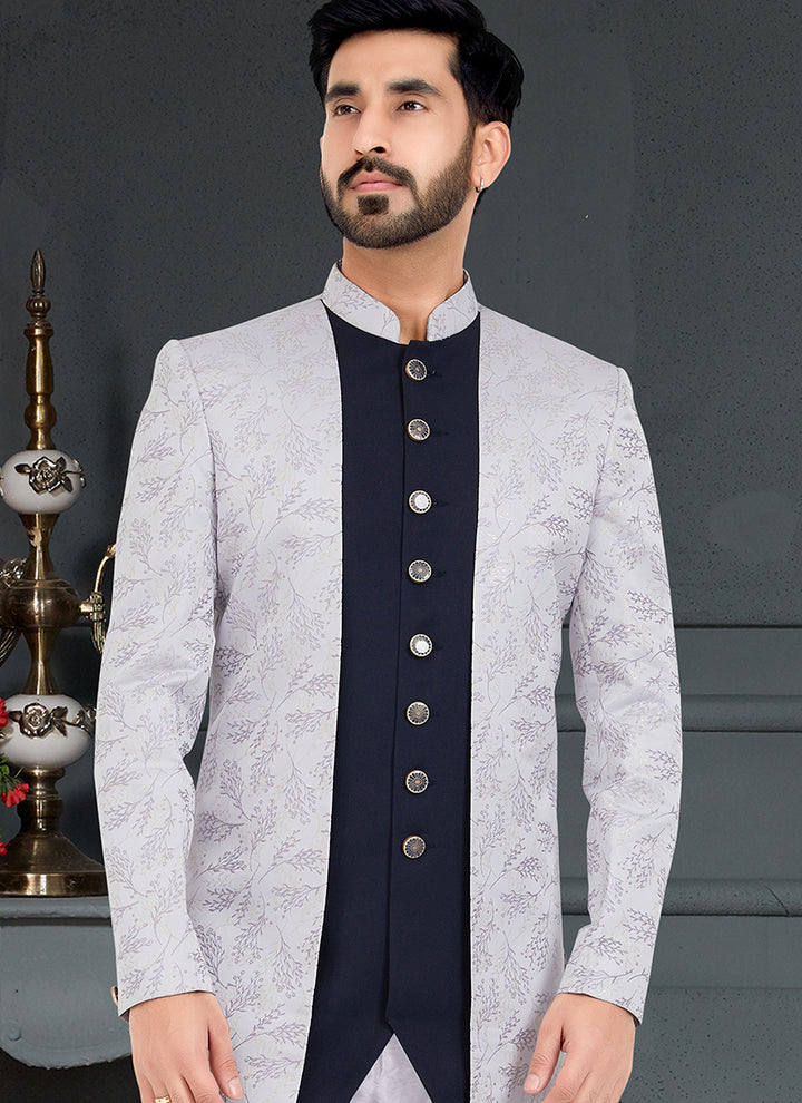 Navy Blue Stone Grey  Jecquard Traditional Wear Weaving Italian Indo Western