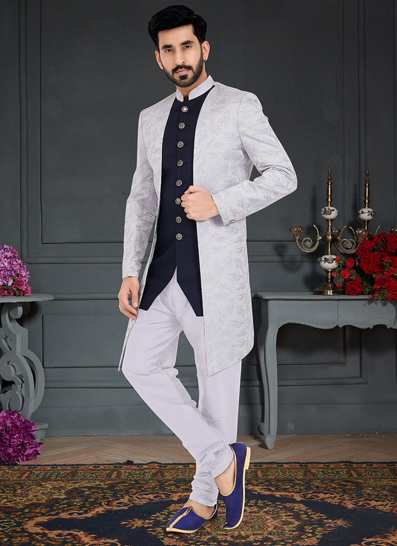 Navy Blue Stone Grey  Jecquard Traditional Wear Weaving Italian Indo Western