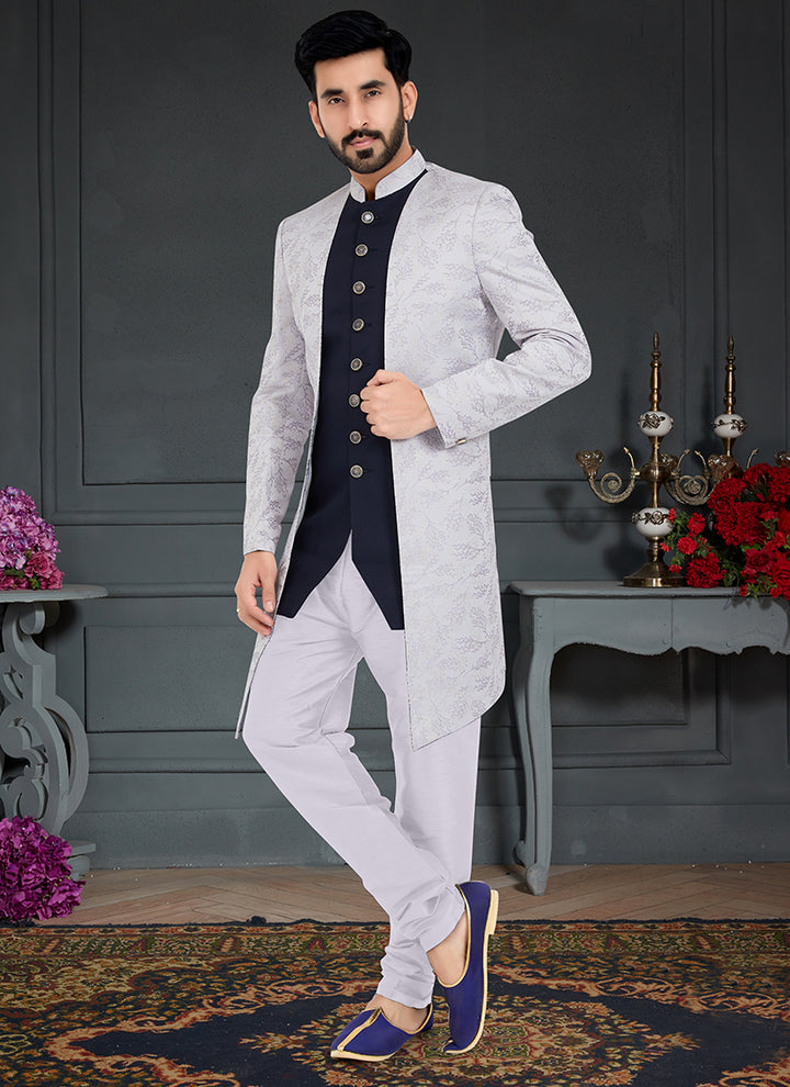 Navy Blue Stone Grey  Jecquard Traditional Wear Weaving Italian Indo Western