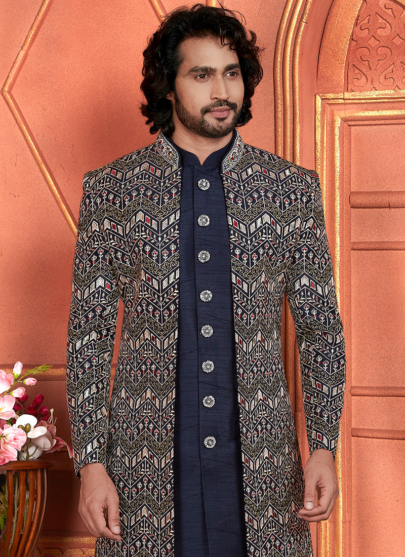 Art Silk Navy Blue Wedding Wear Computer Thread Work 3 Pcs Jacket Set