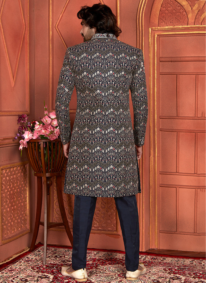 Art Silk Navy Blue Wedding Wear Computer Thread Work 3 Pcs Jacket Set