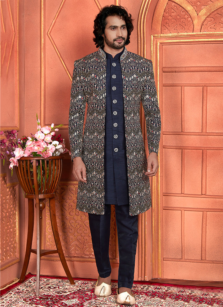 Art Silk Navy Blue Wedding Wear Computer Thread Work 3 Pcs Jacket Set