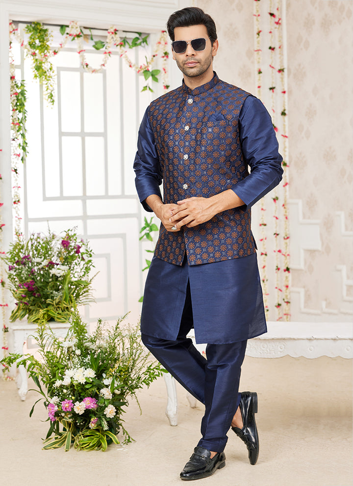 Art Banarasi Silk Navy Blue Wedding Wear Pattern Work Readymade Indo Weartern Sherwani