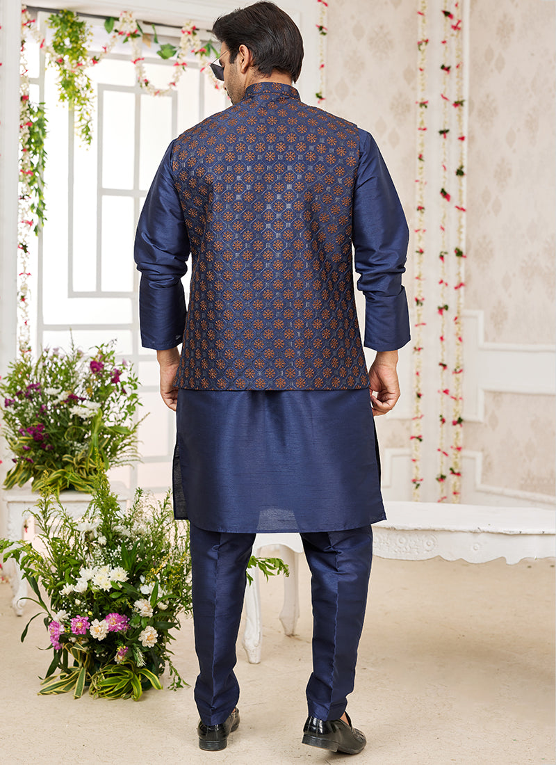 Art Banarasi Silk Navy Blue Wedding Wear Pattern Work Readymade Indo Weartern Sherwani