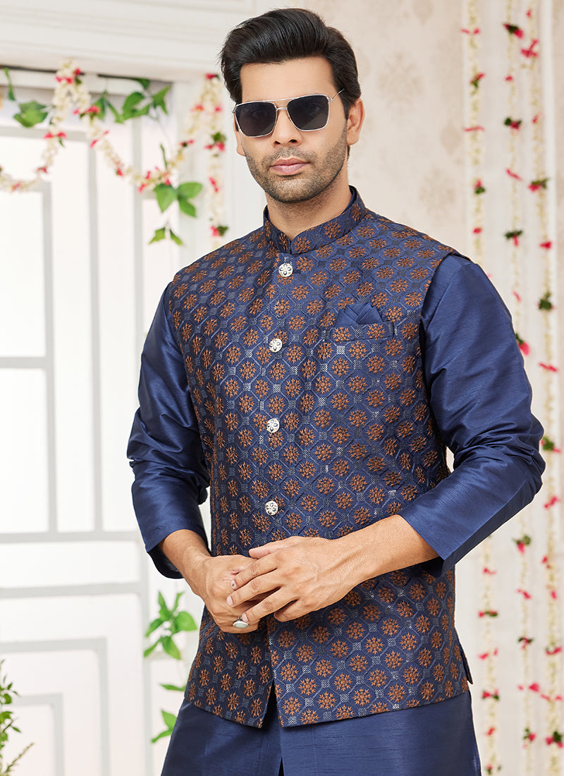 Art Banarasi Silk Navy Blue Wedding Wear Pattern Work Readymade Indo Weartern Sherwani