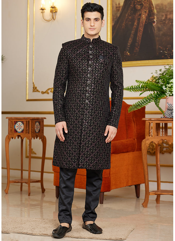 Art Silk Navy Blue Wedding Wear Thread Work Readymade Indo Western Sherwani