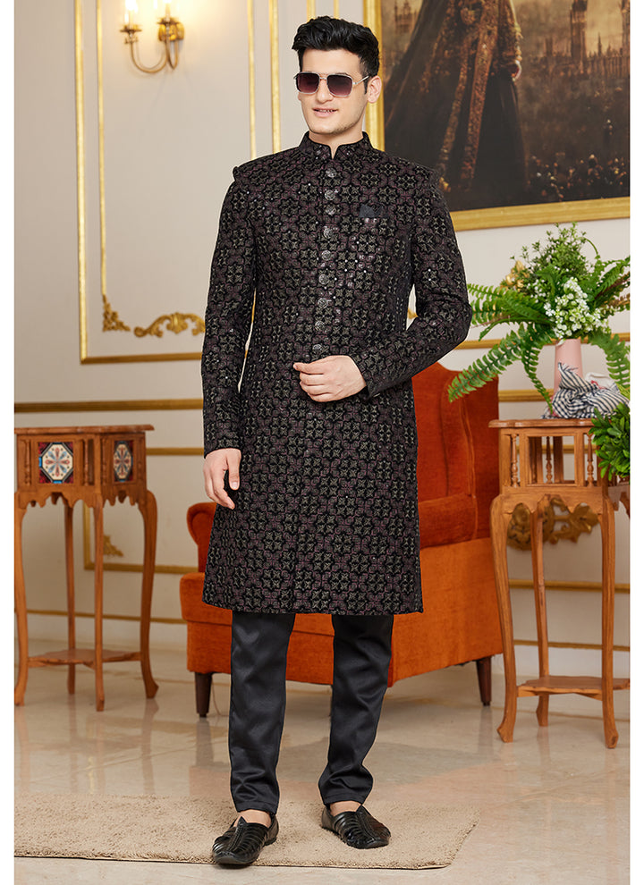 Art Silk Navy Blue Wedding Wear Thread Work Readymade Indo Western Sherwani