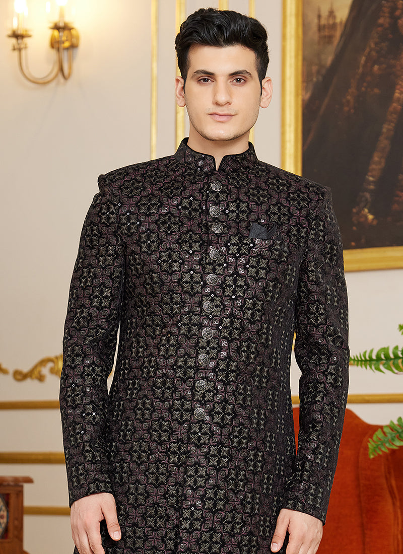Art Silk Navy Blue Wedding Wear Thread Work Readymade Indo Western Sherwani
